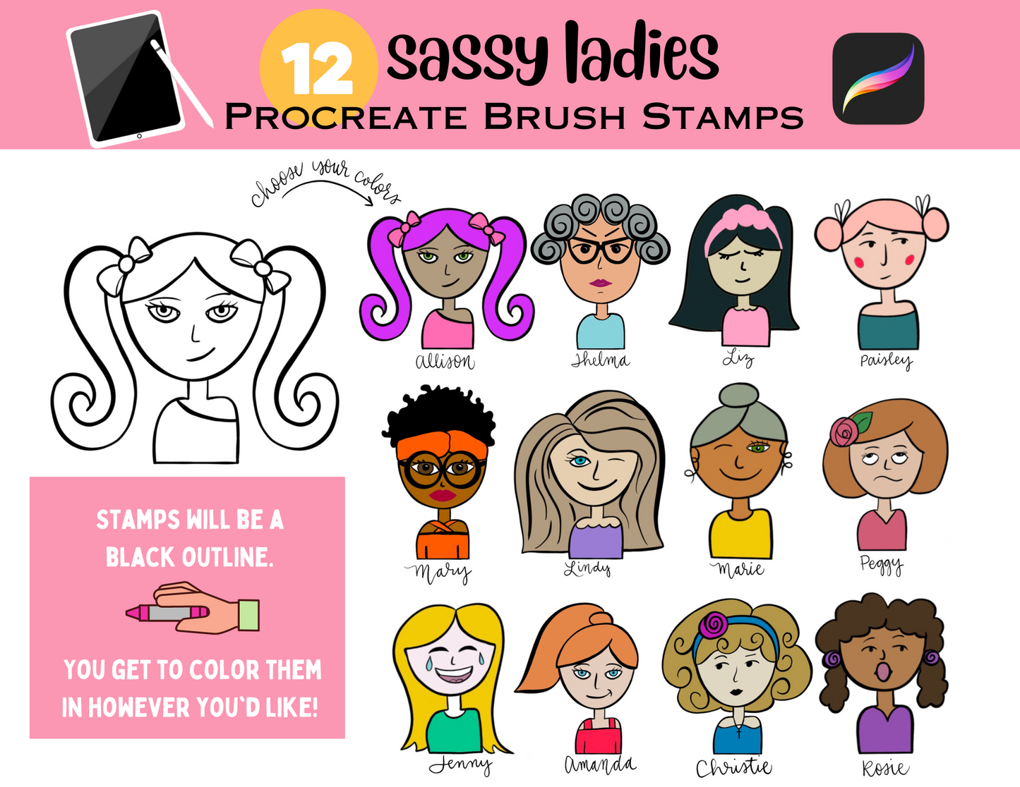 Digital Procreate Stamp Brushes: 12 Sassy Ladies